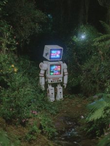 Retro robot on magical calm forest (1)